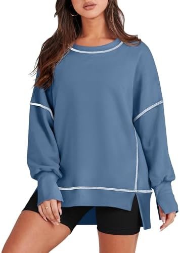 Womens Casual Sweatshirts Long Sleeve Oversized Trendy Contrast Stitching Fall Pullover Tops