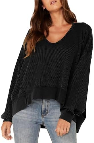 Womens Oversized Waffle Knit Sweatshirts V Neck Long Sleeve Side Slits Casual Pullover Sweatshirt Tops