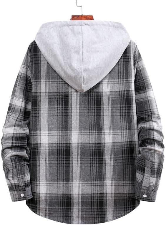 Men's Autumn Fashion and Hooded Checkered Shirt Raglan Long Sleeve Shirt Men