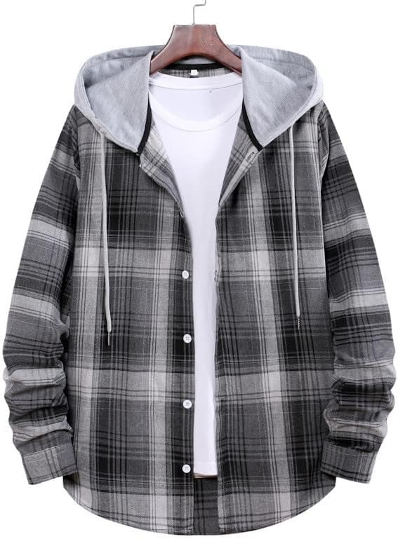 Men's Autumn Fashion and Hooded Checkered Shirt Raglan Long Sleeve Shirt Men