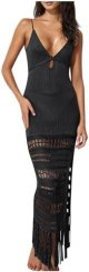 Womens Sleeveless Spaghetti Straps Cami Dresses Sexy Deep V Neck Fringe Evening Gown Hollow Out Crochet Beach Dress