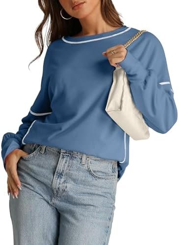 Womens Casual Sweatshirts Long Sleeve Oversized Trendy Contrast Stitching Fall Pullover Tops