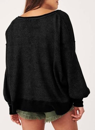 Womens Oversized Waffle Knit Sweatshirts V Neck Long Sleeve Side Slits Casual Pullover Sweatshirt Tops