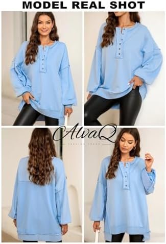 Women's Oversized Sweatshirt Casual Long Sleeve Button Neck Pullover Tunic Tops Outfits