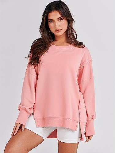 Women's Oversized Sweatshirt Crew Neck Long Sleeve Casual Slit Pullover Top Fall Teen Girl Preppy Clothes