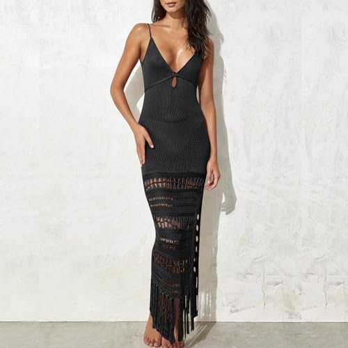 Womens Sleeveless Spaghetti Straps Cami Dresses Sexy Deep V Neck Fringe Evening Gown Hollow Out Crochet Beach Dress