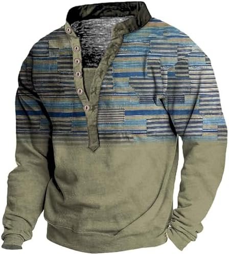 Men's Neck Long Sleeved Sweatshirt Soft And Warm Retro Buttoned Neck Hoodie Ethnic Style Printing Comfortable