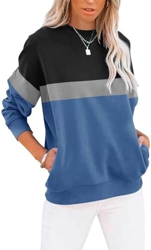 Women's Casual Long Sleeve Color Block/Solid Tops Sweatshirts Cute Loose Fit Pullover with Pockets