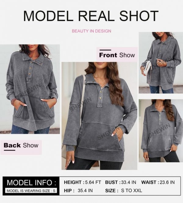 Sweatshirt For Women Casual Long Sleeve Shirts Loose Fit Button V Neck Pullover Tops Fall Clothes