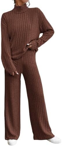 Women's Two Piece Knit Matching Outfits High Neck Slit Hem Tee and Pants Tracksuit Sets Business Attire Plus Size
