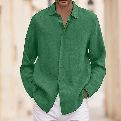 Men's Solid Color Casual Shirt Long Sleeve Loose Fit Linen Blend with Pockets Stretch Tee
