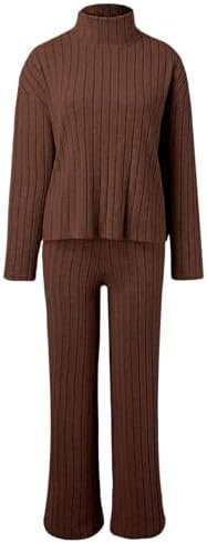 Women's Two Piece Knit Matching Outfits High Neck Slit Hem Tee and Pants Tracksuit Sets Business Attire Plus Size