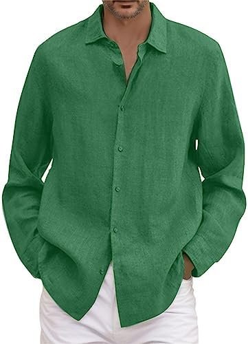 Men's Solid Color Casual Shirt Long Sleeve Loose Fit Linen Blend with Pockets Stretch Tee