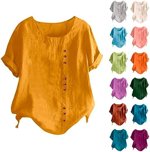 Women's Pullover Round Neck Vintage Cotton and Linen Print Loose Short Sleeve Blouse Blouse Casual Shirt