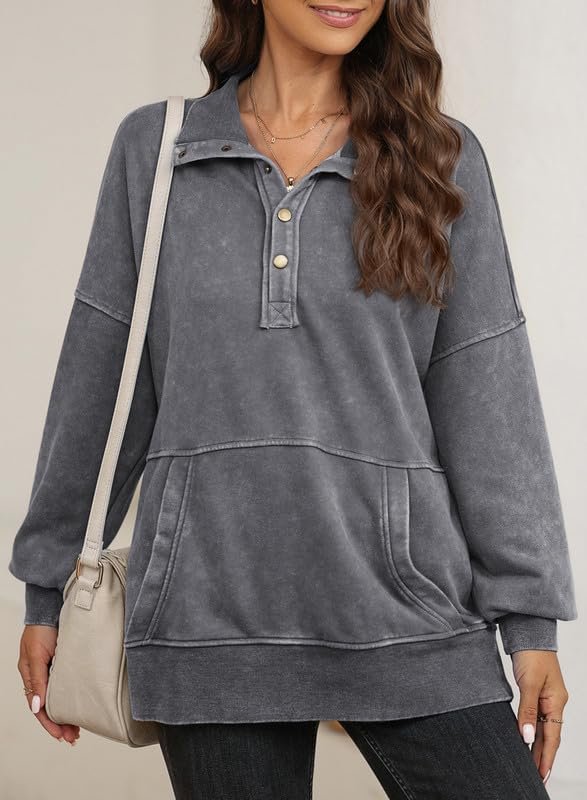 Sweatshirt For Women Casual Long Sleeve Shirts Loose Fit Button V Neck Pullover Tops Fall Clothes