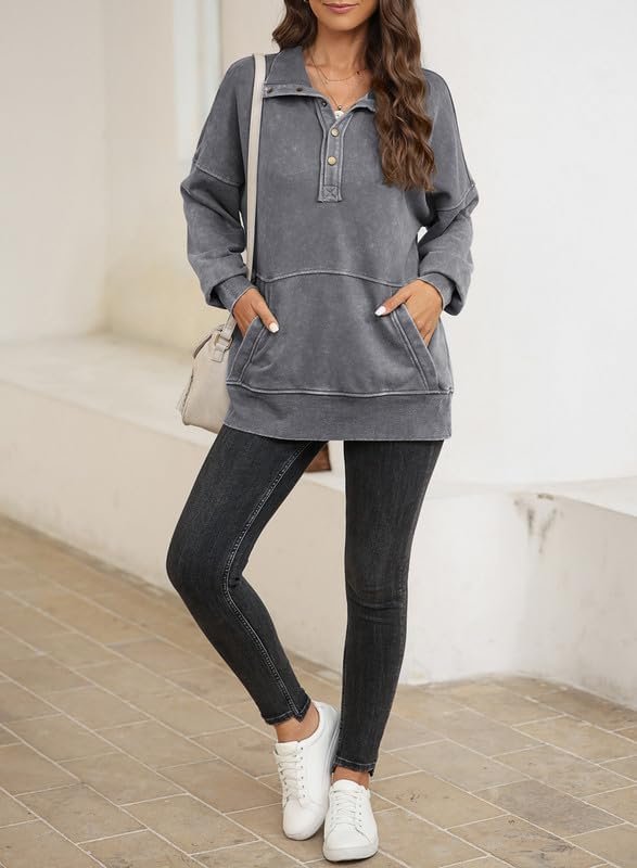Sweatshirt For Women Casual Long Sleeve Shirts Loose Fit Button V Neck Pullover Tops Fall Clothes