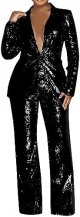 Womens Suits Set Sequin 2 Piece Pants Set Notch Lapel Slim Fit Formal Suits Womens Tuxedo Suit Lady Athletic