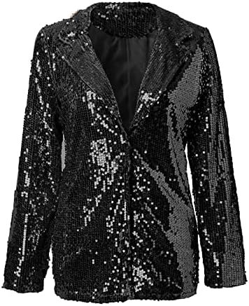 Women Commuting Front Open Long Sleeve Lapel Casual Evening Shiny Loose Slim Fit Jacket