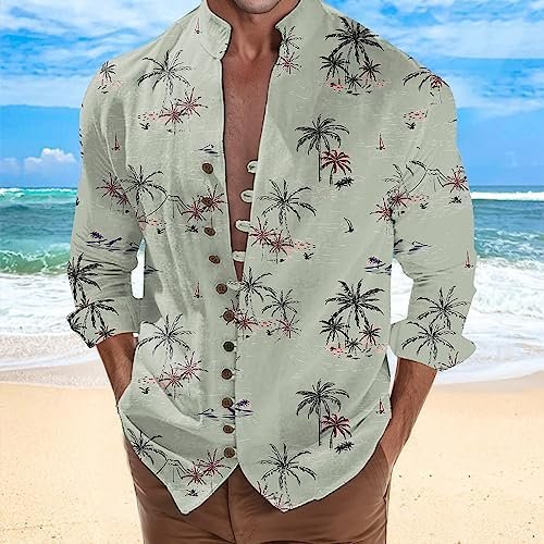 Mens Holiday Seaside Leisure Loose Button Stand Printed Shirt Long Sleeve Top Tee Shirts Girls