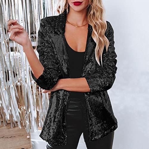 Women Commuting Front Open Long Sleeve Lapel Casual Evening Shiny Loose Slim Fit Jacket