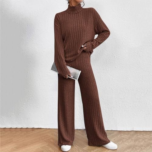 Women's Two Piece Knit Matching Outfits High Neck Slit Hem Tee and Pants Tracksuit Sets Business Attire Plus Size