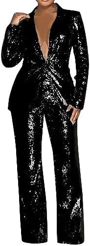Womens Suits Set Sequin 2 Piece Pants Set Notch Lapel Slim Fit Formal Suits Womens Tuxedo Suit Lady Athletic