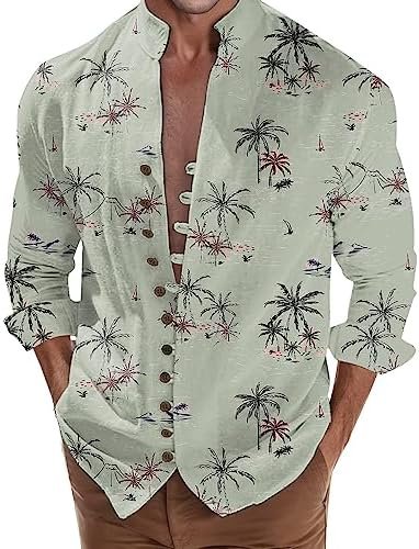 Mens Holiday Seaside Leisure Loose Button Stand Printed Shirt Long Sleeve Top Tee Shirts Girls