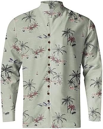 Mens Holiday Seaside Leisure Loose Button Stand Printed Shirt Long Sleeve Top Tee Shirts Girls