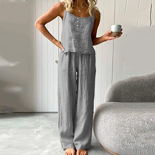 Women's Summer Solid Color Thin Pajamas Sleeveless Suspenders Trousers Set Loose Fashion Cotton and Linen Home