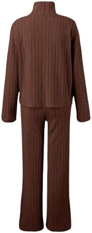 Women's Two Piece Knit Matching Outfits High Neck Slit Hem Tee and Pants Tracksuit Sets Business Attire Plus Size