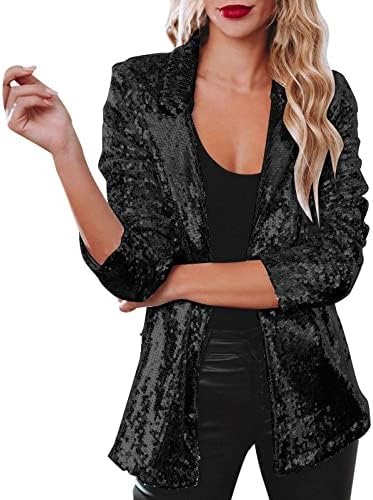 Women Commuting Front Open Long Sleeve Lapel Casual Evening Shiny Loose Slim Fit Jacket