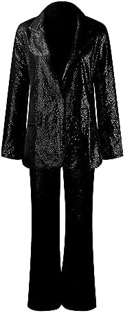 Womens Suits Set Sequin 2 Piece Pants Set Notch Lapel Slim Fit Formal Suits Womens Tuxedo Suit Lady Athletic
